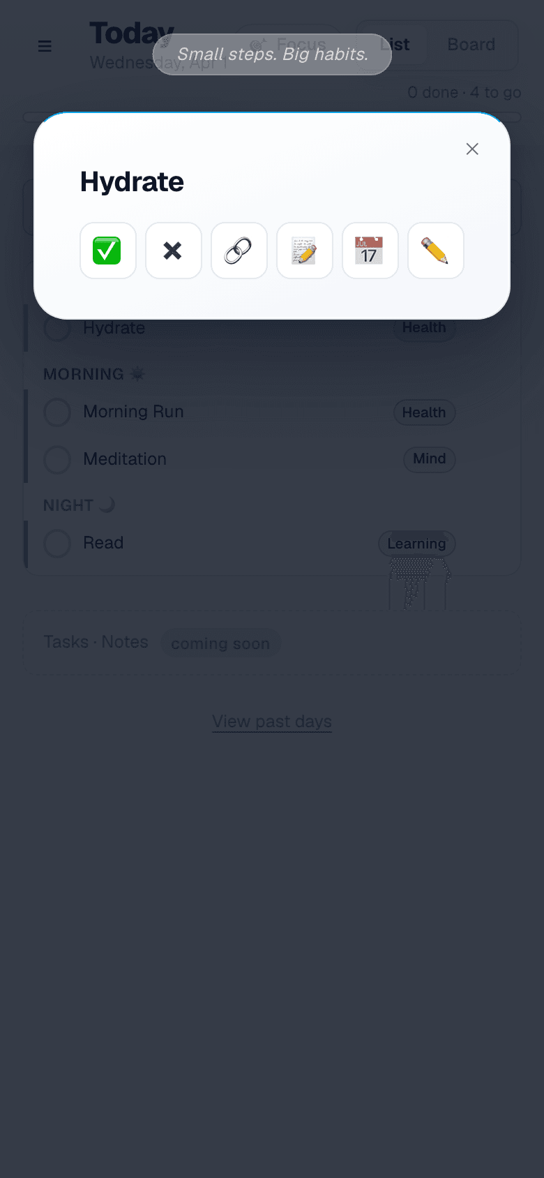 Featherlist focus overlay showing habit detail with action buttons