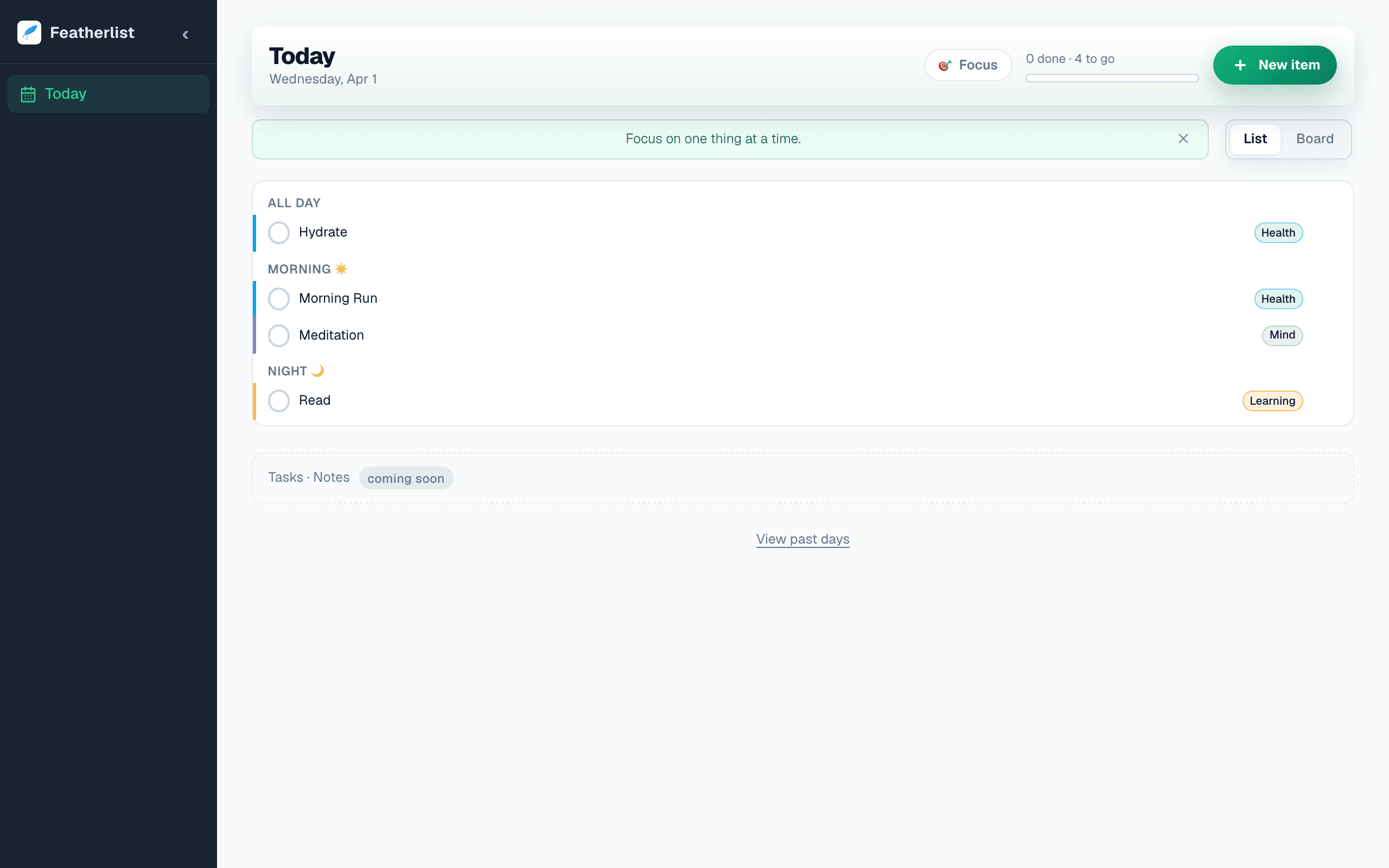 Featherlist today view showing habits organized by time slot with project color badges