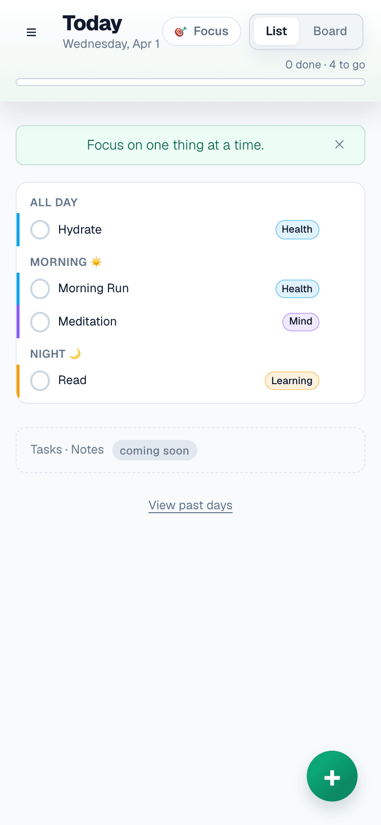 Featherlist PWA on iPhone showing the daily routine
